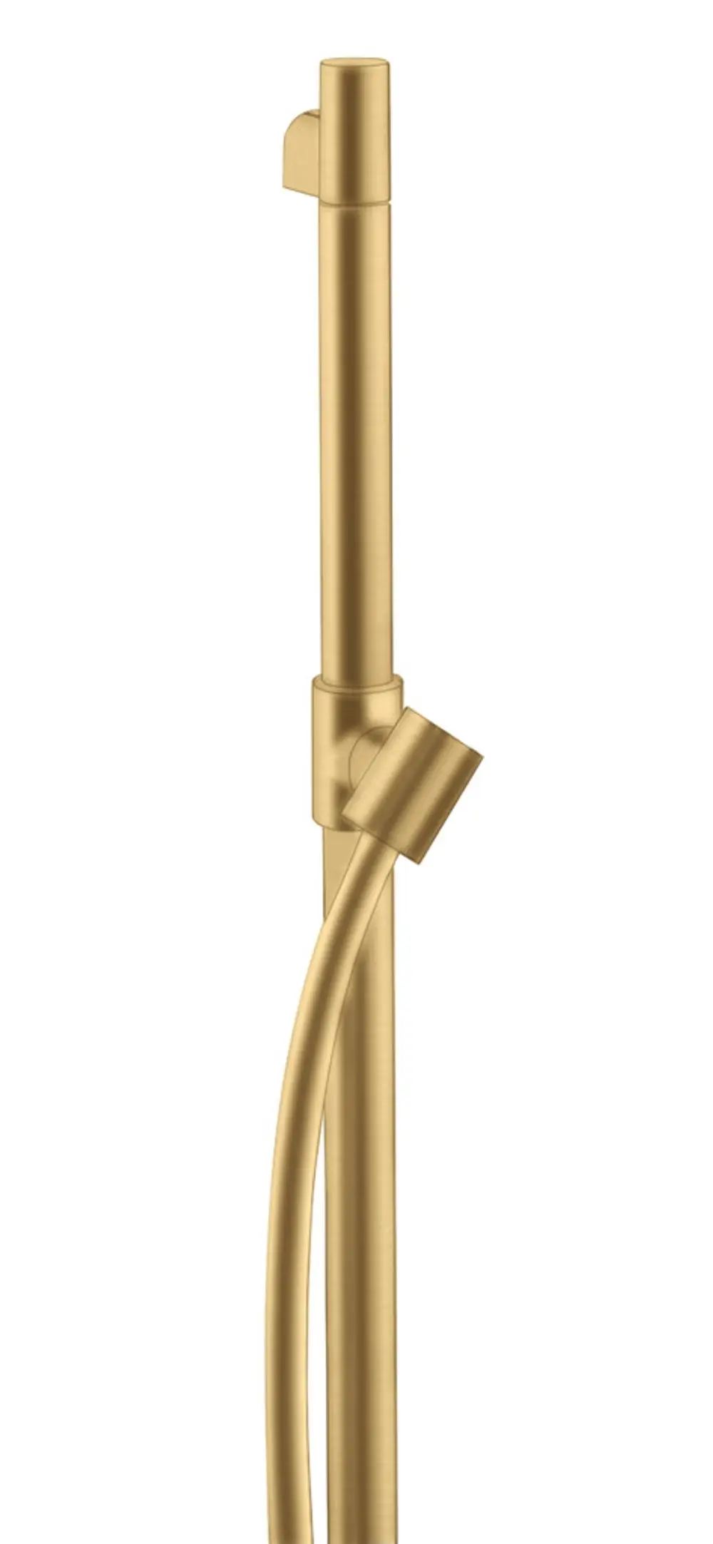 Brausestange in Brushed Gold Optik von AXOR, ausgestattet mit einem flexibel angeschlossenen Brauseschlauch. Vertikal montiertes Design, geeignet für Duschsysteme.